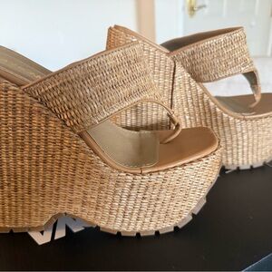 Fashion Nova Tan Woven Platform Wedge Sandals